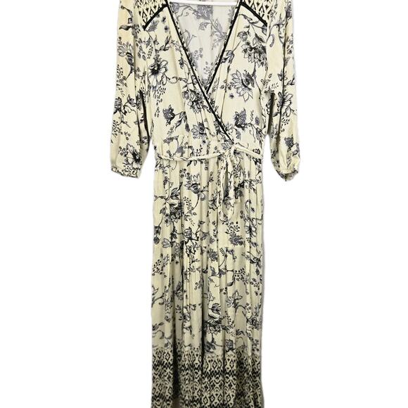 Knox Rose Floral Maxi Crochet V Neck Long Sleeve Dress Navy Cream MED Peasant - Picture 1 of 6